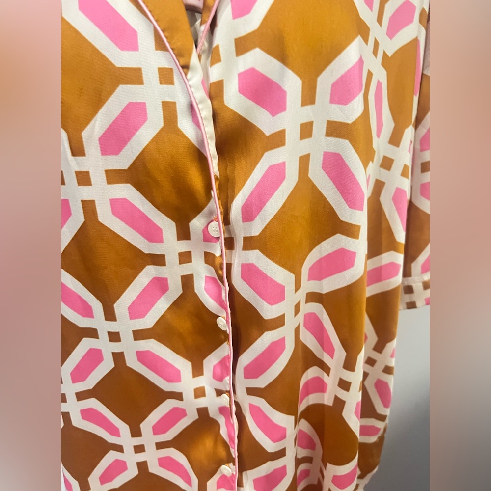 New Zara Geometric Patterned PJ Style Shirt in Pink & Tan Suze XL - Picture 2 of 6